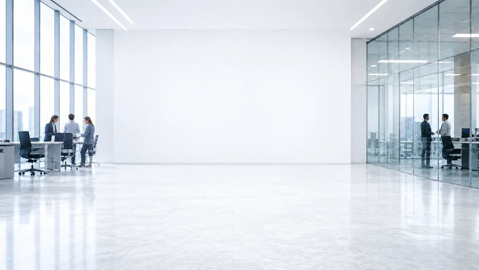 Softly blurred modern glass-walled office interior with small teams working