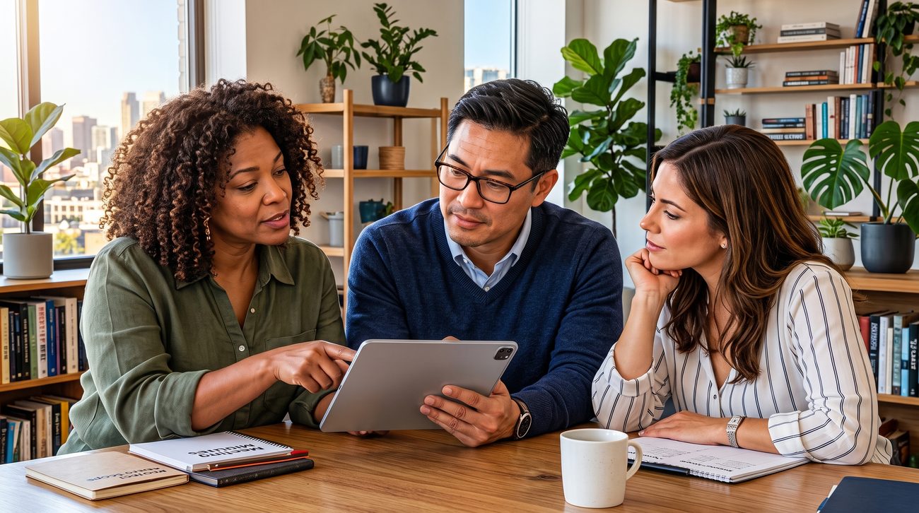 A GSS advisor pointing out details on a tablet to two colleagues around an office table