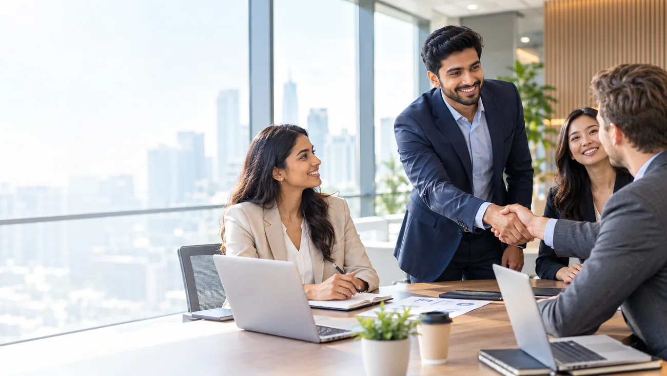 GSS colleagues shaking hands with a client across a meeting table in a bright office overlooking the city